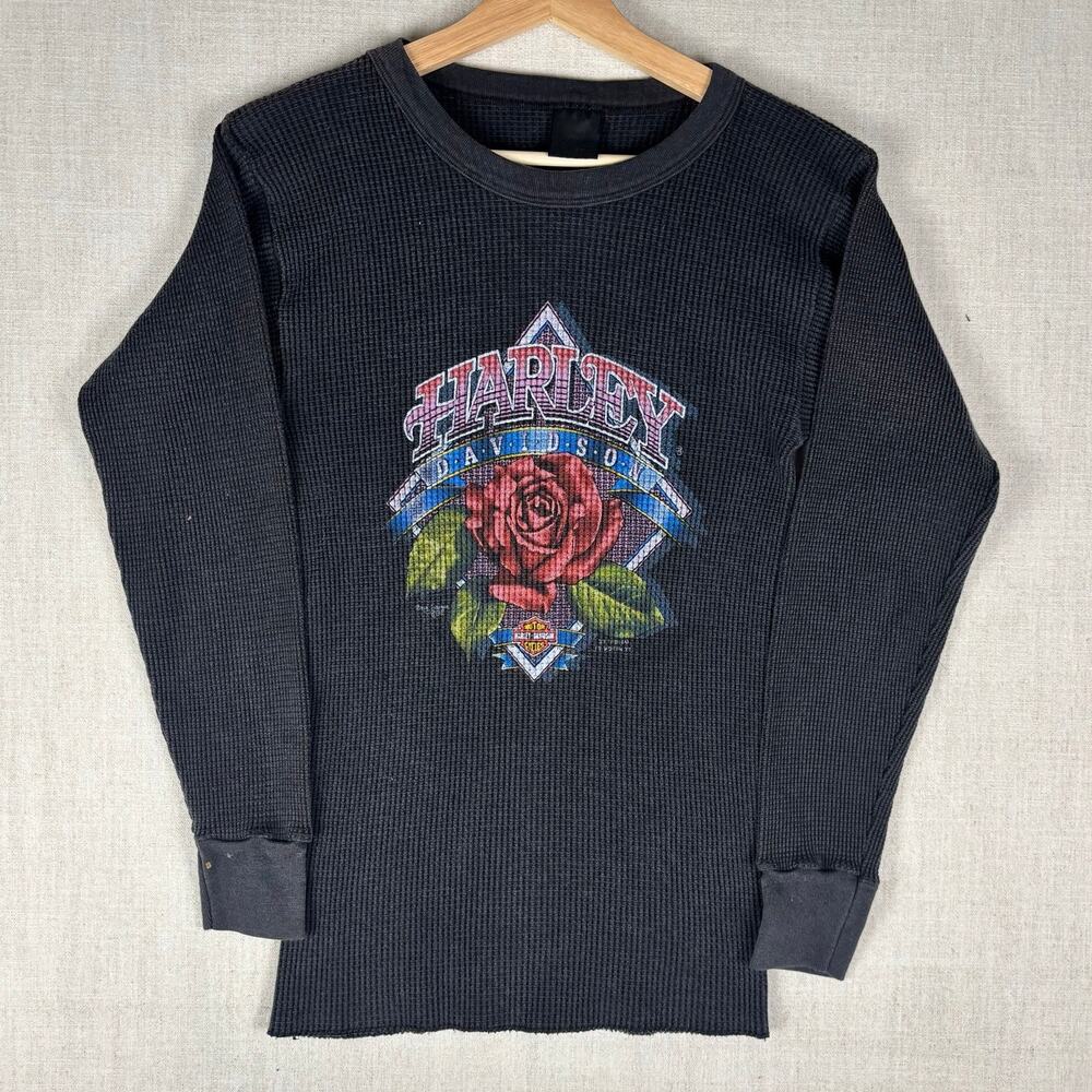 Vintage Harley Davidson 3D Emblem 80s Rose Graphic XS Thermal
